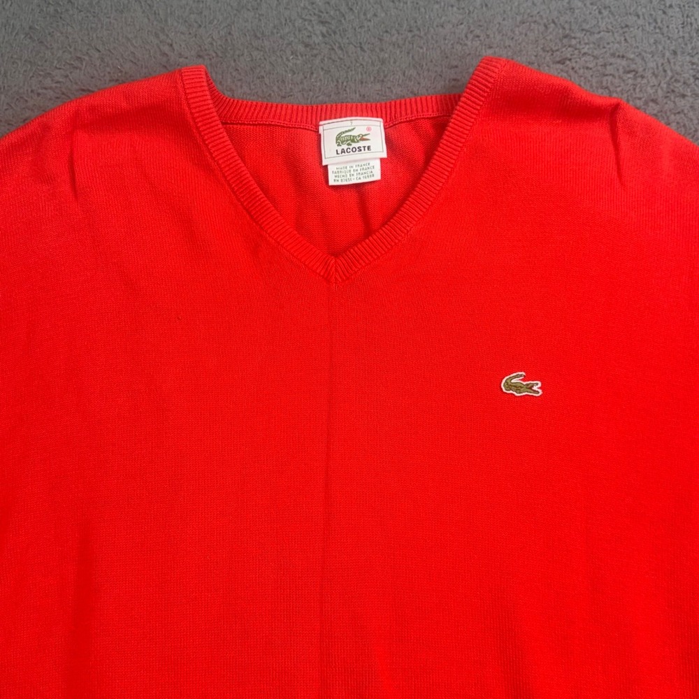 Lacoste V-Neck Sweater Mens 7 Red Made‎ in France Knit Crocodile Logo